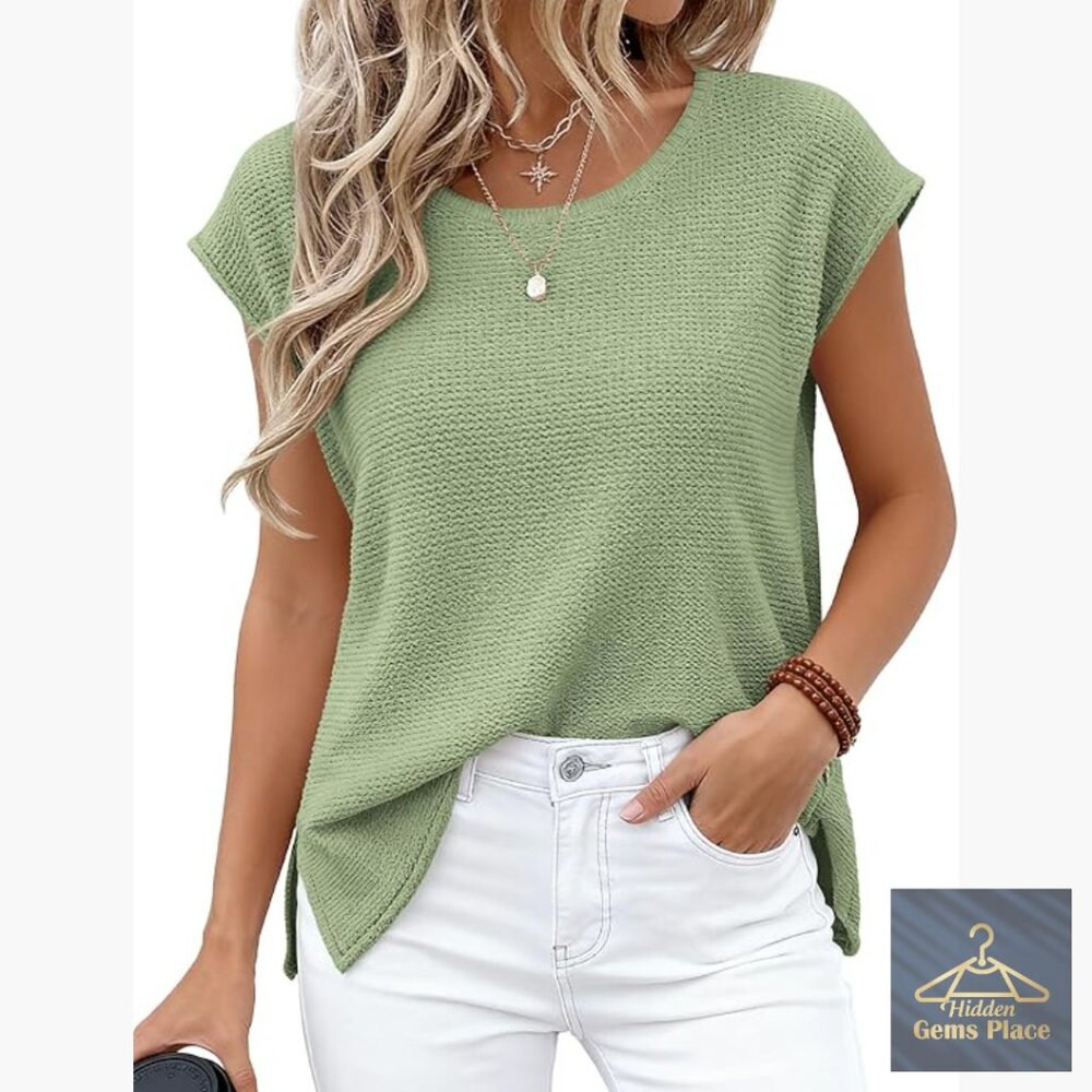 Cap Sleeve Crew Neck Sweater Vest Loose Fit Lightweight Knit Top